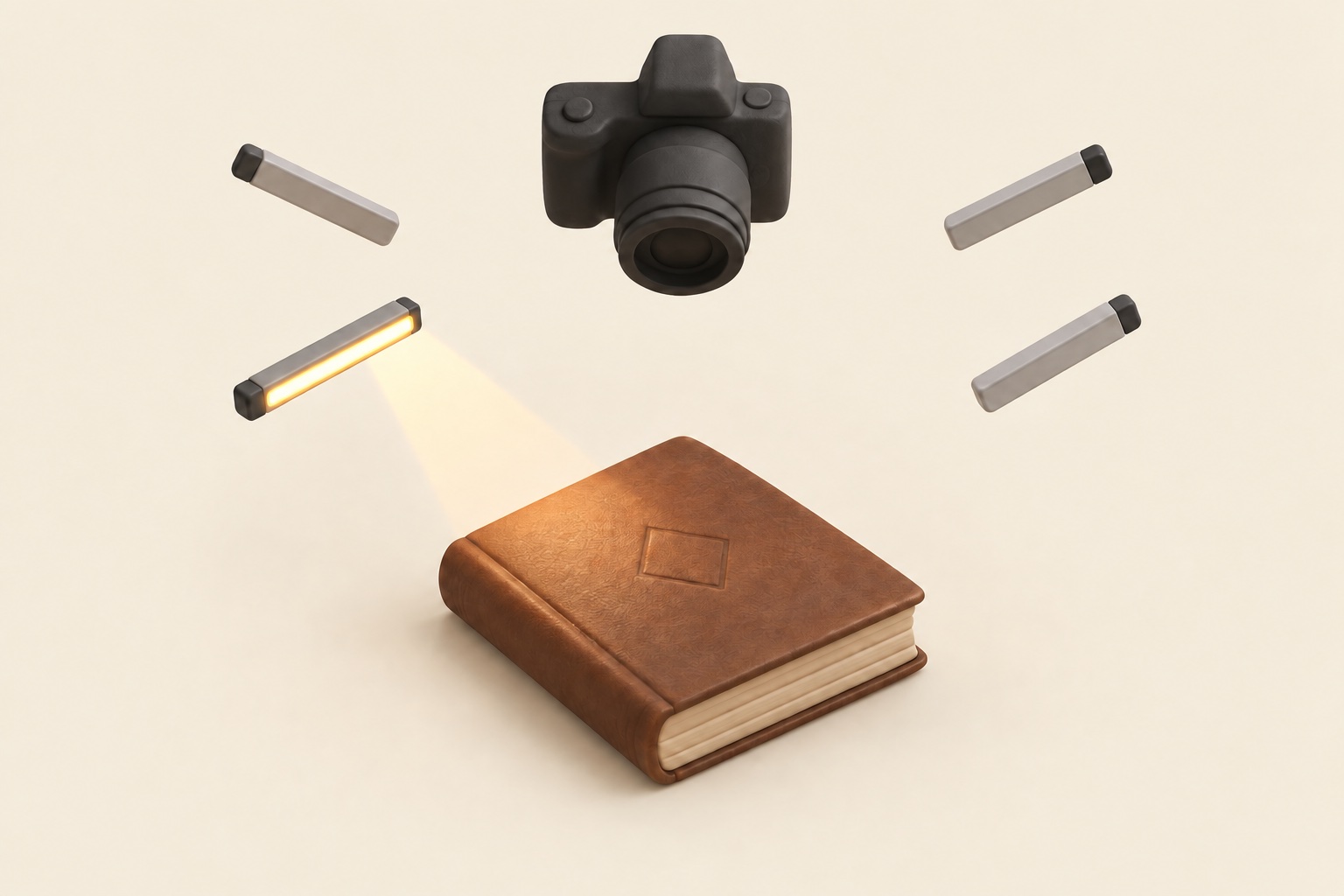 Illustration de principe : une caméra fixe au-dessus d’un livre et quatre sources de lumière, dont une seule éclaire la couverture.